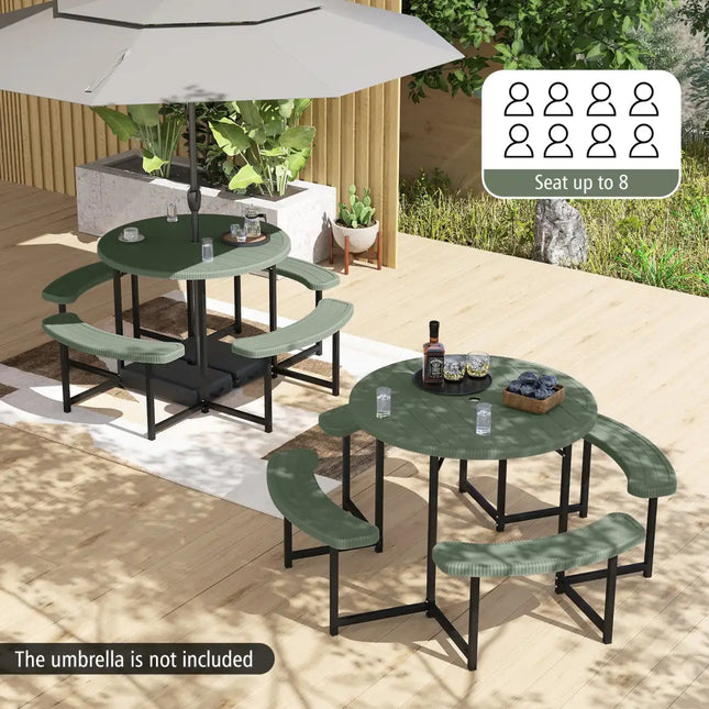 Round Picnic Table Bench Set with 4 Benches and Umbrella Hole for Patio Lawn-Green - Green - Picnic Tables
