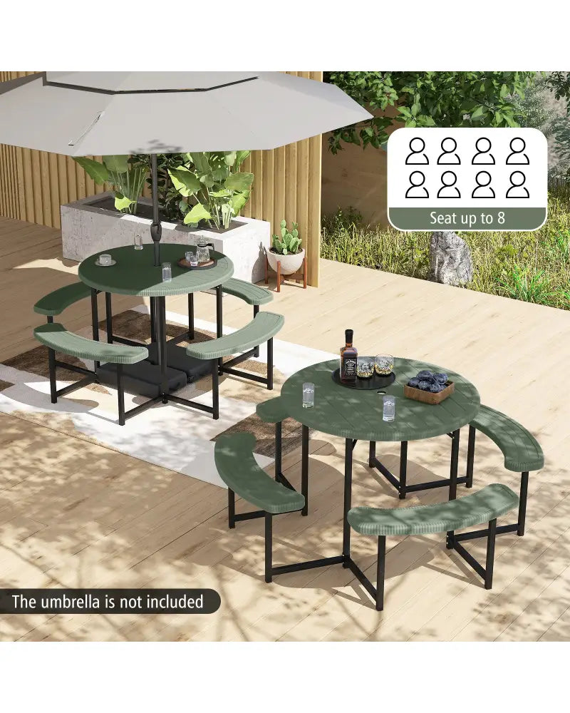 Round Picnic Table Bench Set with 4 Benches and Umbrella Hole for Patio Lawn-Green - Green - Picnic Tables