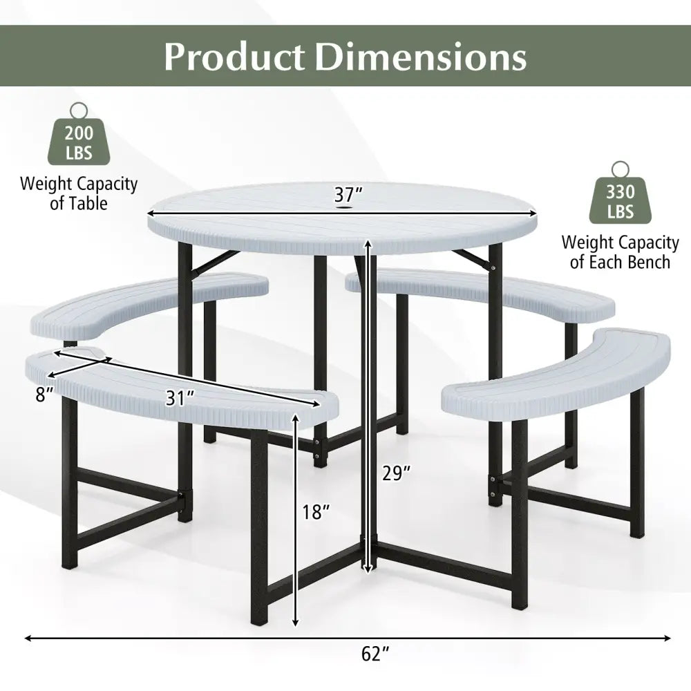 Round Picnic Table Bench Set with 4 Benches and Umbrella Hole for Patio Lawn-White - White - Picnic Tables