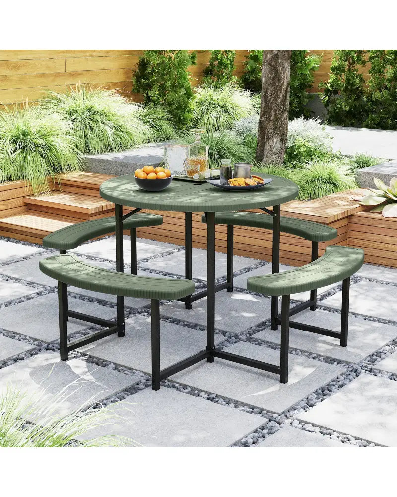 Round Picnic Table Bench Set with 4 Benches and Umbrella Hole for Patio Lawn-Green - Green - Picnic Tables