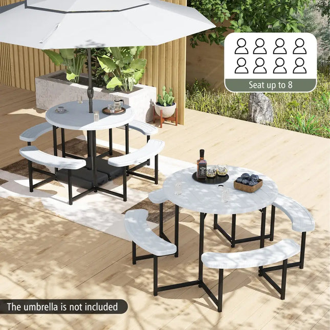 Round Picnic Table Bench Set with 4 Benches and Umbrella Hole for Patio Lawn-White - White - Picnic Tables