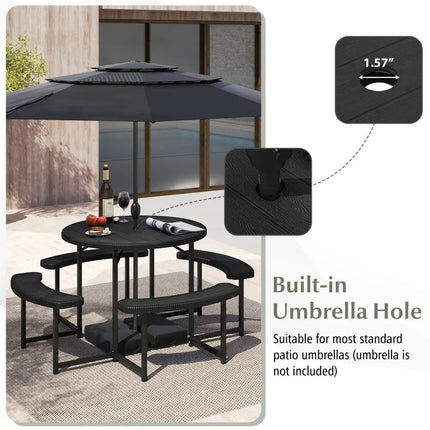 Round Picnic Table Bench Set with 4 Benches and Umbrella Hole for Patio Lawn-Black - Black - Picnic Tables