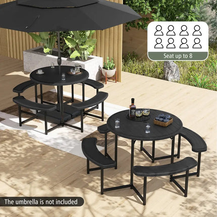 Round Picnic Table Bench Set with 4 Benches and Umbrella Hole for Patio Lawn-Black - Black - Picnic Tables