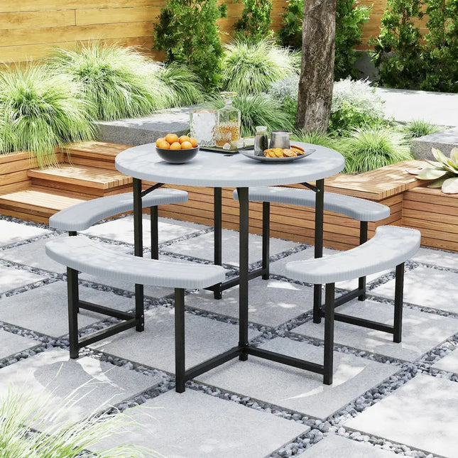 Round Picnic Table Bench Set with 4 Benches and Umbrella Hole for Patio Lawn-White - White - Picnic Tables
