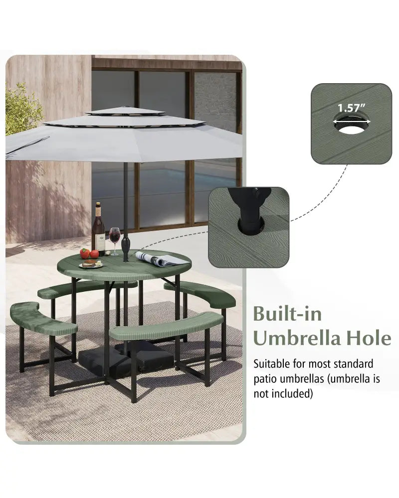 Round Picnic Table Bench Set with 4 Benches and Umbrella Hole for Patio Lawn-Green - Green - Picnic Tables