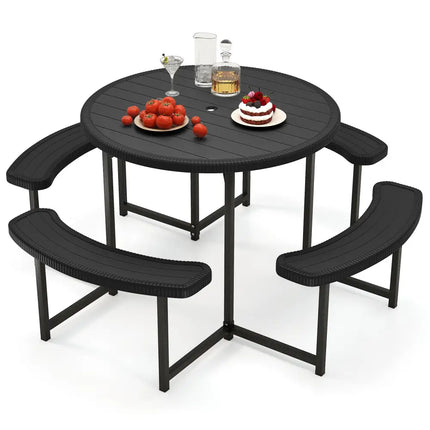 Round Picnic Table Bench Set with 4 Benches and Umbrella Hole for Patio Lawn-Black - Black - Picnic Tables