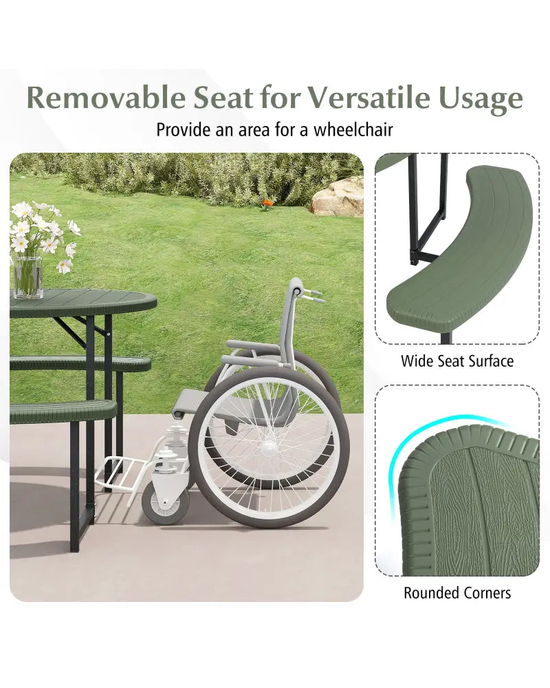 Round Picnic Table Bench Set with 4 Benches and Umbrella Hole for Patio Lawn-Green - Green - Picnic Tables
