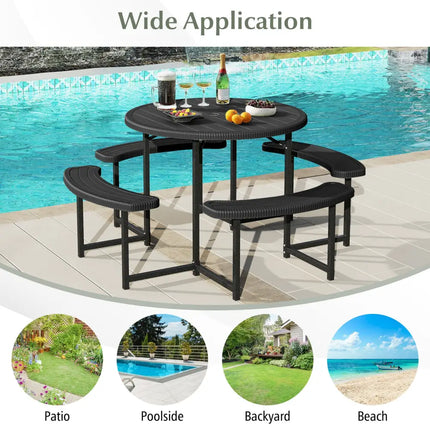 Round Picnic Table Bench Set with 4 Benches and Umbrella Hole for Patio Lawn-Black - Black - Picnic Tables