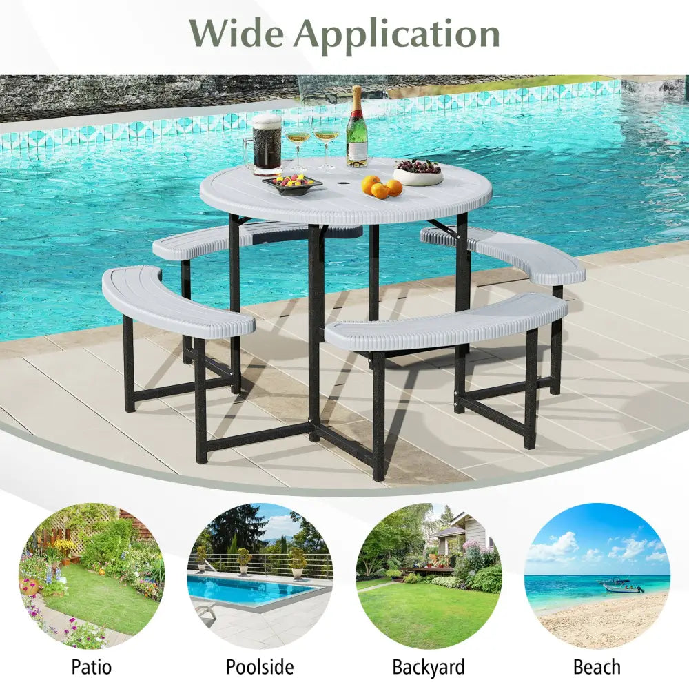 Round Picnic Table Bench Set with 4 Benches and Umbrella Hole for Patio Lawn-White - White - Picnic Tables