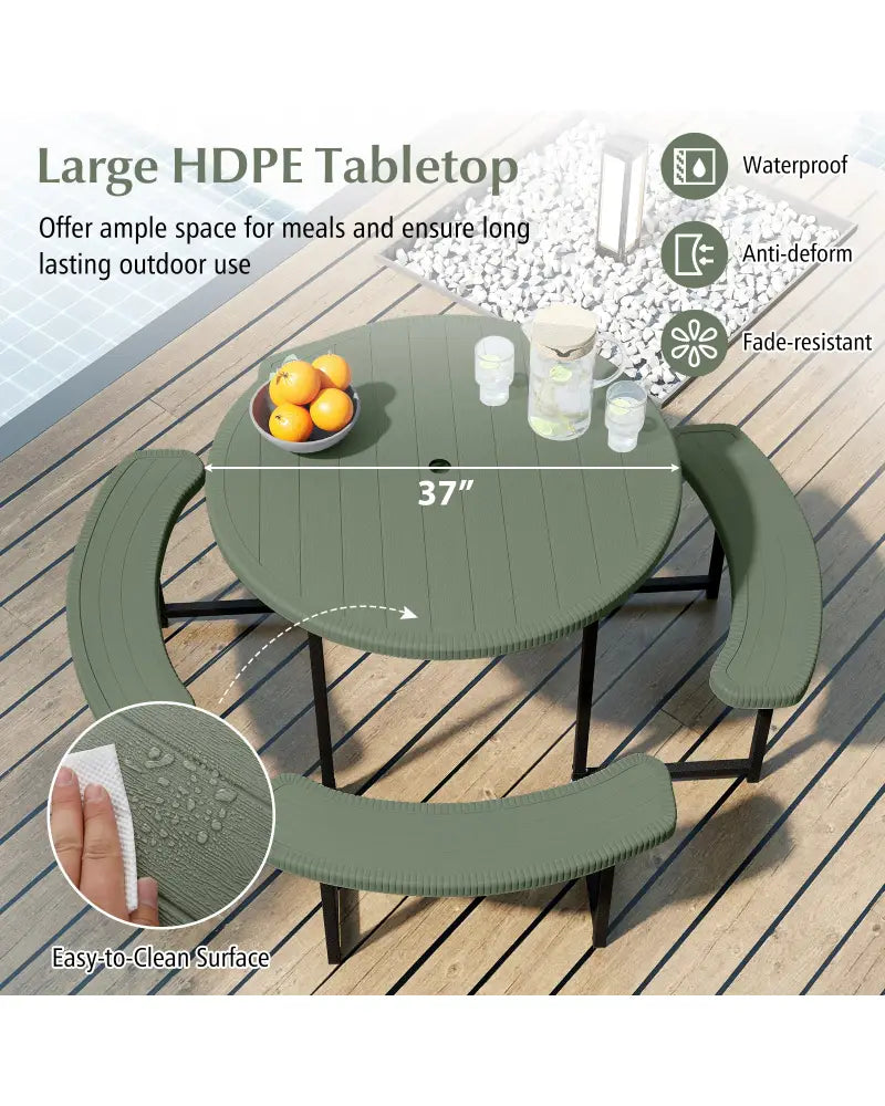 Round Picnic Table Bench Set with 4 Benches and Umbrella Hole for Patio Lawn-Green - Green - Picnic Tables