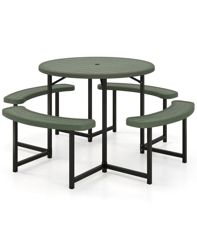 Round Picnic Table Bench Set with 4 Benches and Umbrella Hole for Patio Lawn-Green - Green - Picnic Tables