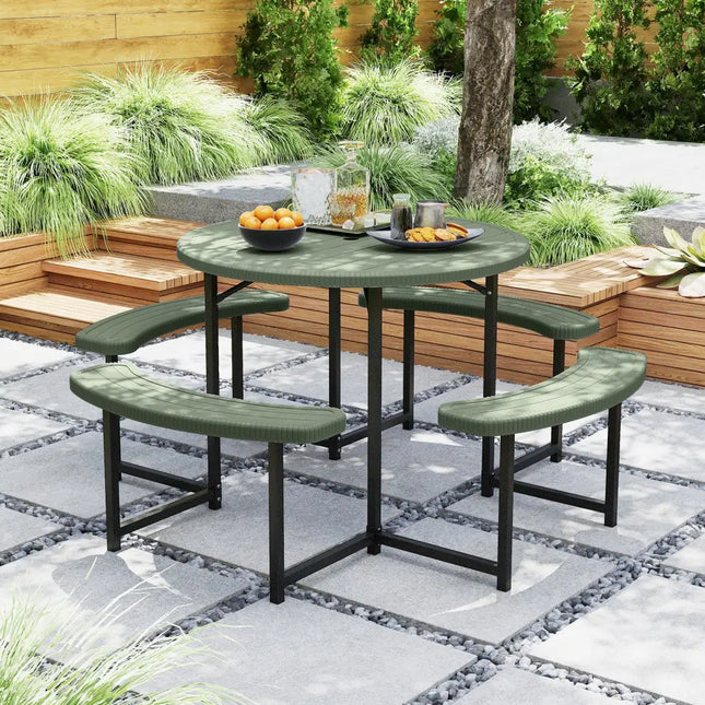 Round Picnic Table Bench Set with 4 Benches and Umbrella Hole for Patio Lawn-Green - Green - Picnic Tables