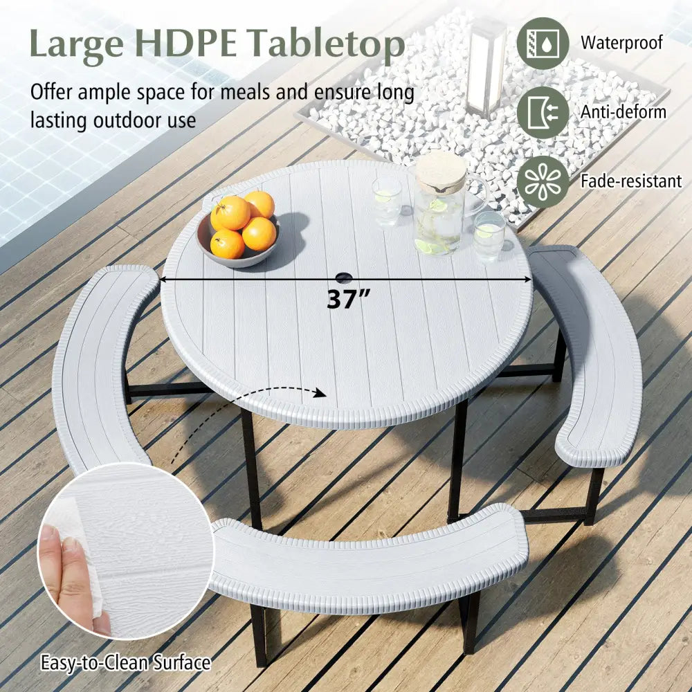 Round Picnic Table Bench Set with 4 Benches and Umbrella Hole for Patio Lawn-White - White - Picnic Tables