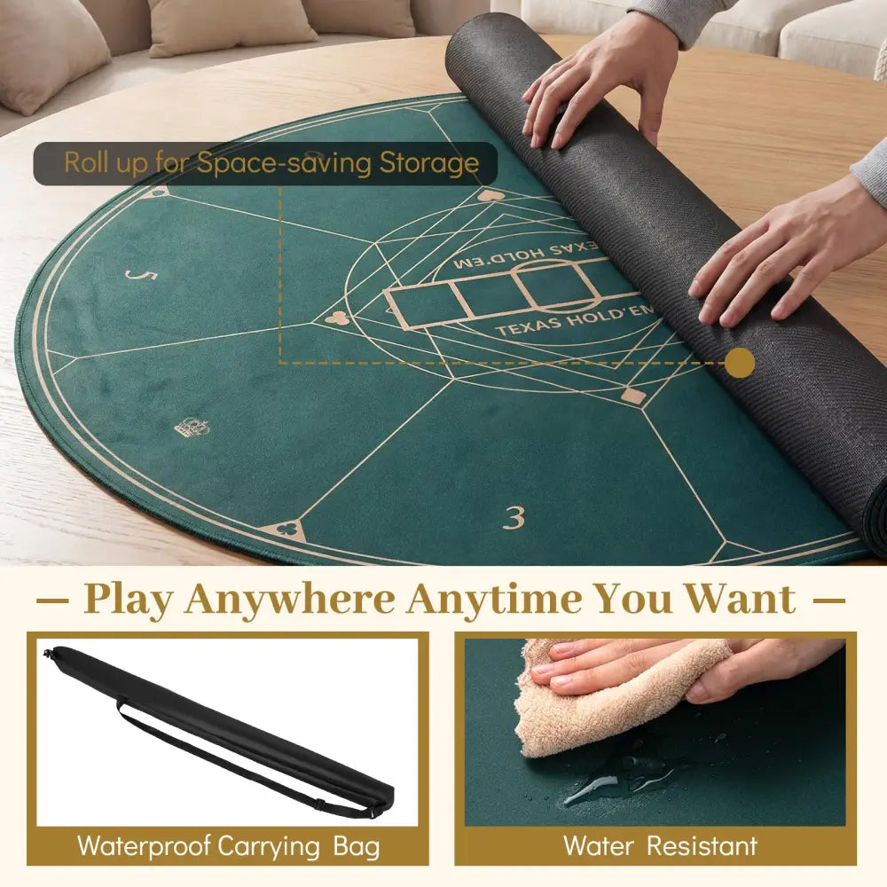 Round Poker Mat for Texas Hold’em 40 inch Portable Foldable Anti-Slip Rubber Base Table Layout-Green - Green - Game Room