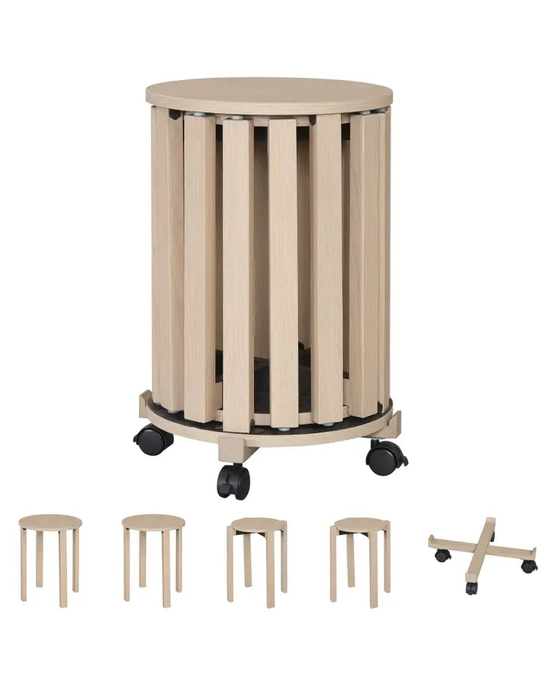 Round Portable Wood Nesting Stools with Locking Casters-Natural - Natural - Dining Chairs