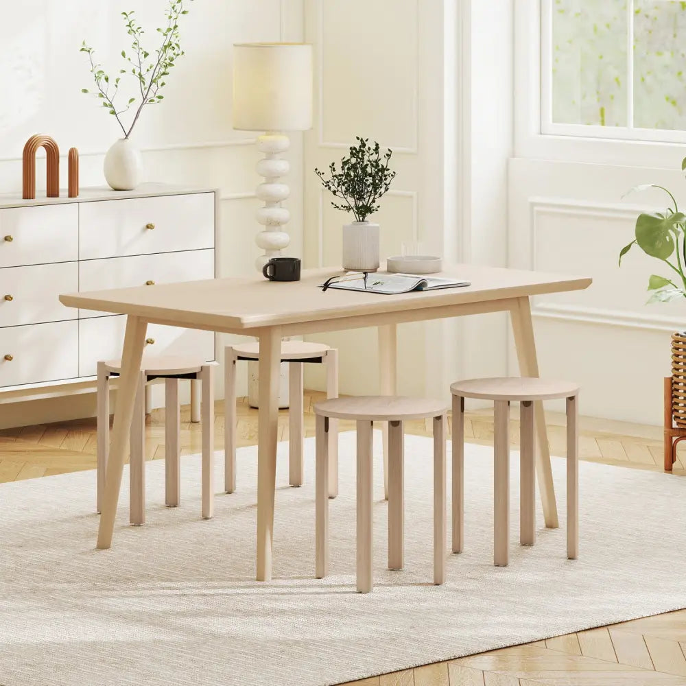 Round Portable Wood Nesting Stools with Locking Casters-Natural - Natural - Dining Chairs