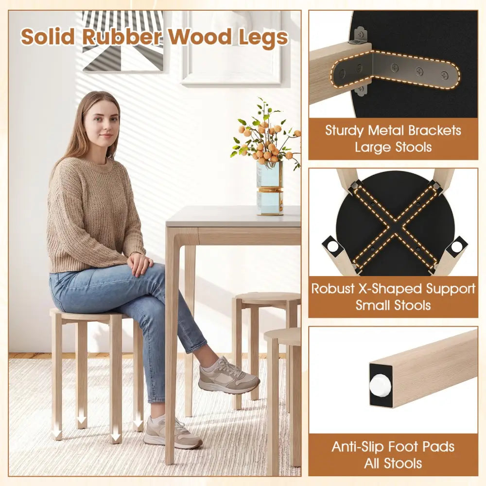 Round Portable Wood Nesting Stools with Locking Casters-Natural - Natural - Dining Chairs