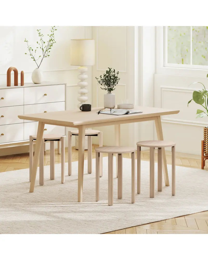 Round Portable Wood Nesting Stools with Locking Casters-Natural - Natural - Dining Chairs
