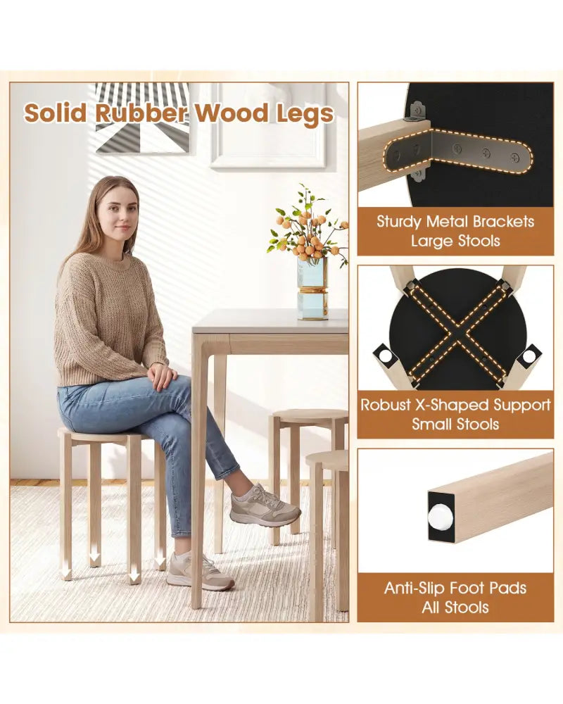 Round Portable Wood Nesting Stools with Locking Casters-Natural - Natural - Dining Chairs
