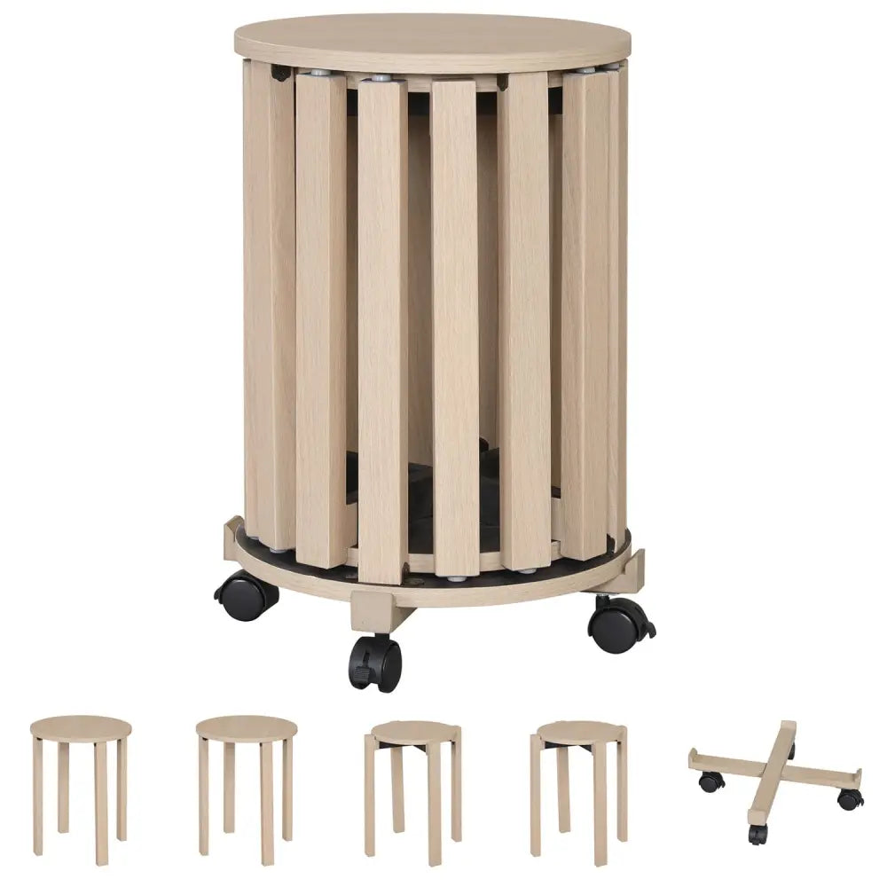 Round Portable Wood Nesting Stools with Locking Casters-Natural - Natural - Dining Chairs