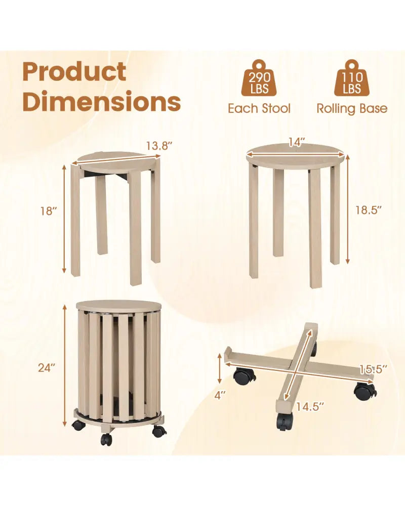 Round Portable Wood Nesting Stools with Locking Casters-Natural - Natural - Dining Chairs