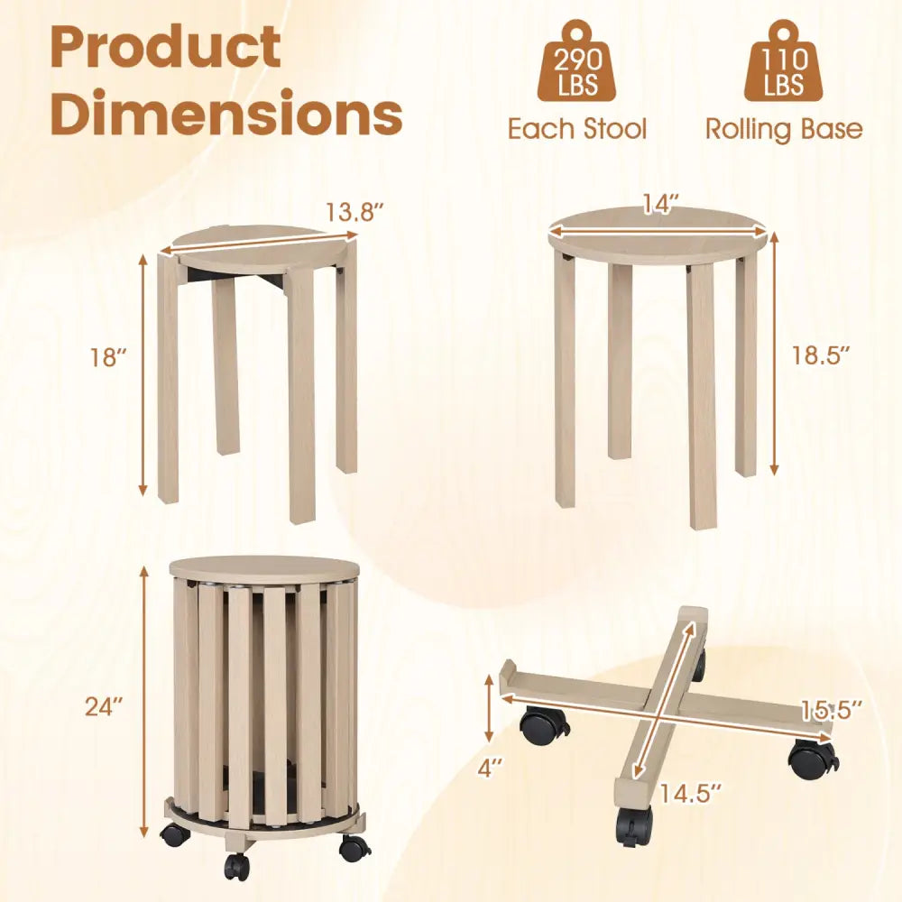 Round Portable Wood Nesting Stools with Locking Casters-Natural - Natural - Dining Chairs