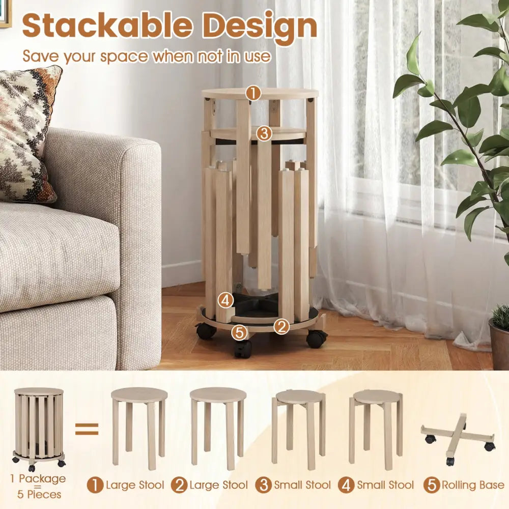 Round Portable Wood Nesting Stools with Locking Casters-Natural - Natural - Dining Chairs