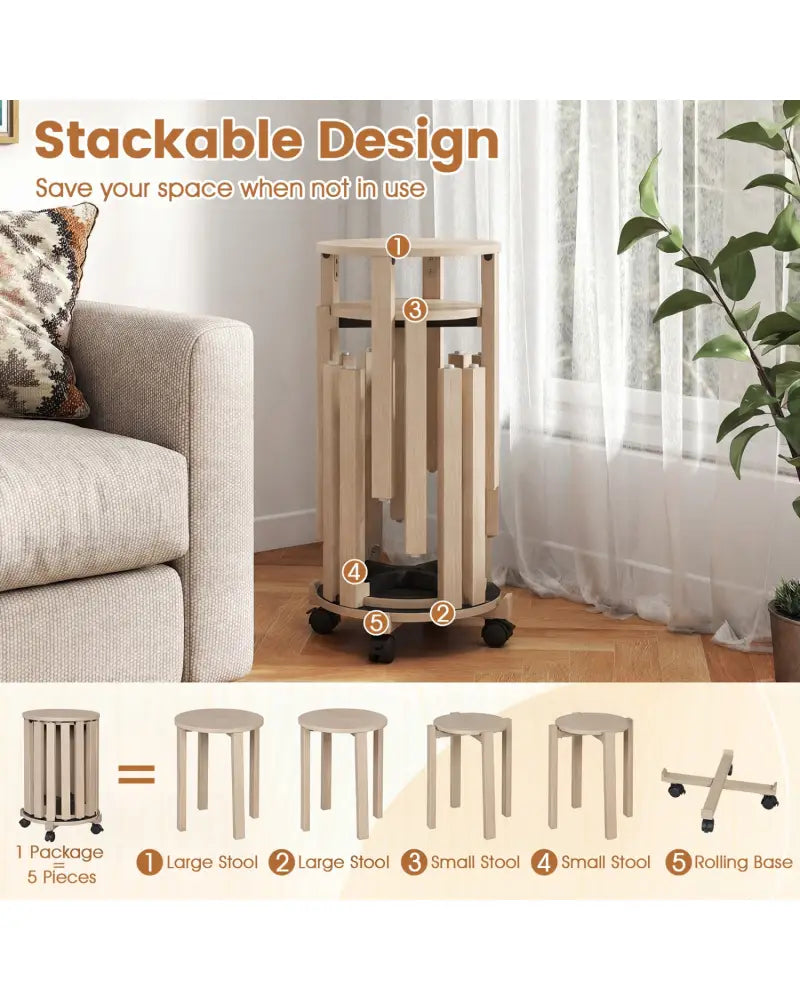 Round Portable Wood Nesting Stools with Locking Casters-Natural - Natural - Dining Chairs