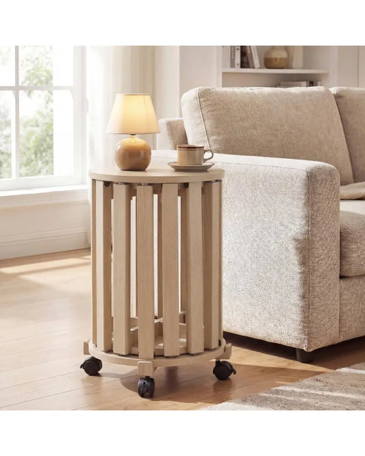 Round Portable Wood Nesting Stools with Locking Casters-Natural - Natural - Dining Chairs