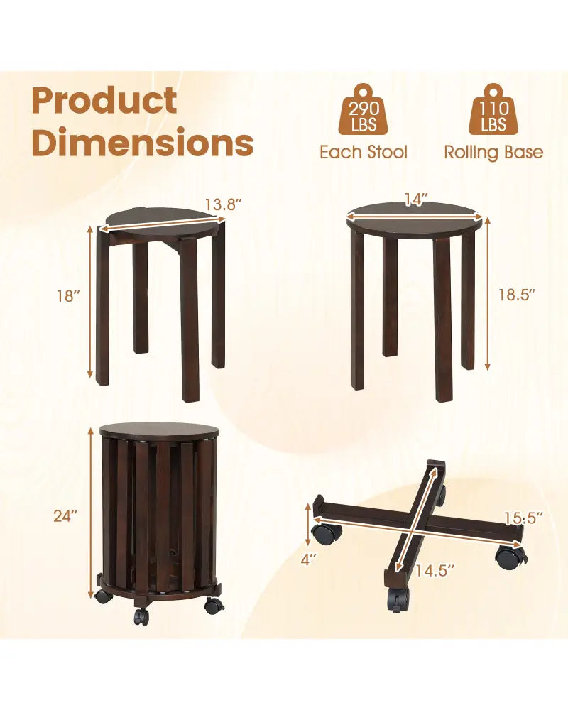Round Portable Wood Nesting Stools with Locking Casters-Walnut - Walnut - Dining Chairs