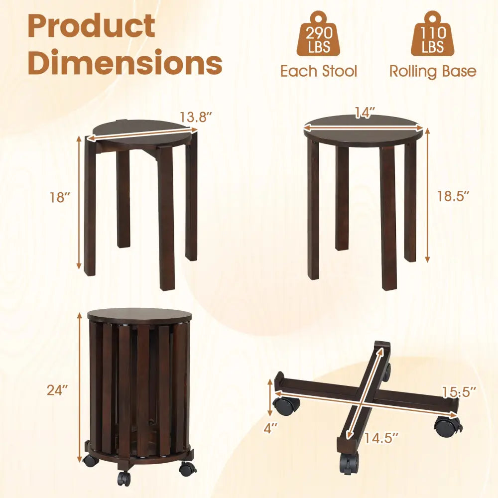 Round Portable Wood Nesting Stools with Locking Casters-Walnut - Walnut - Dining Chairs