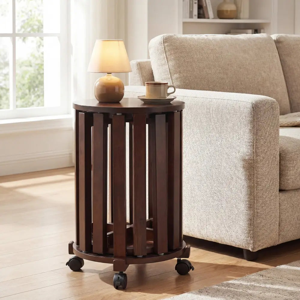 Round Portable Wood Nesting Stools with Locking Casters-Walnut - Walnut - Dining Chairs
