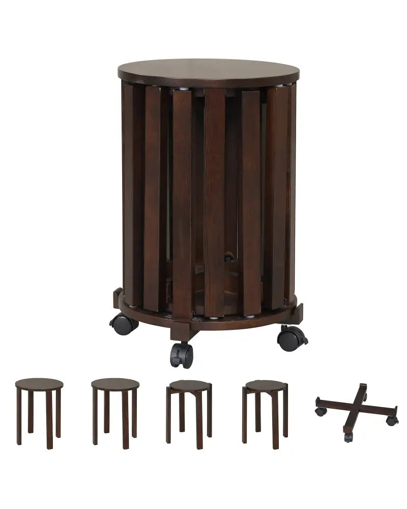 Round Portable Wood Nesting Stools with Locking Casters-Walnut - Walnut - Dining Chairs