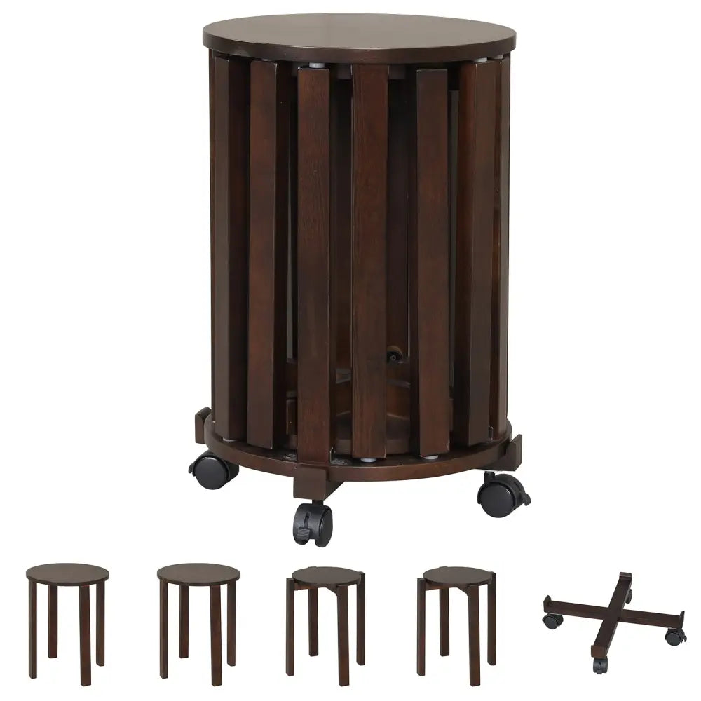 Round Portable Wood Nesting Stools with Locking Casters-Walnut - Walnut - Dining Chairs