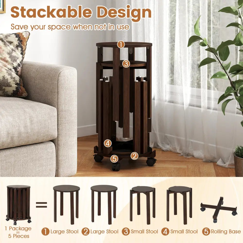 Round Portable Wood Nesting Stools with Locking Casters-Walnut - Walnut - Dining Chairs