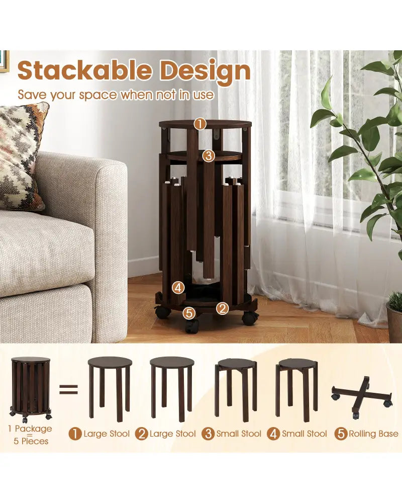 Round Portable Wood Nesting Stools with Locking Casters-Walnut - Walnut - Dining Chairs
