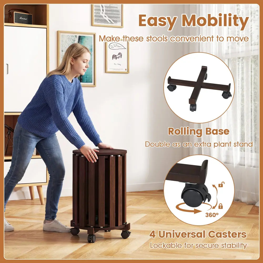 Round Portable Wood Nesting Stools with Locking Casters-Walnut - Walnut - Dining Chairs