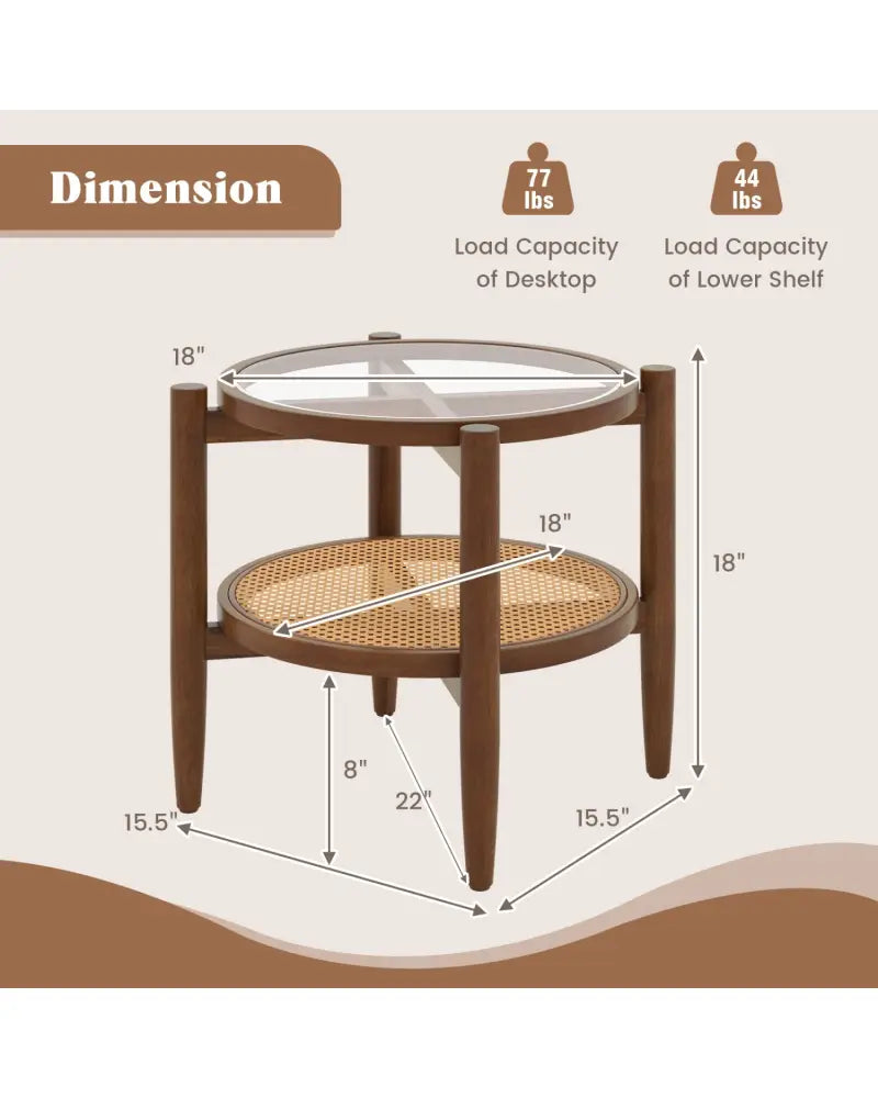 Round Rattan Side End Table with Tempered Glass Tabletop-Walnut - Walnut - End & Side Tables