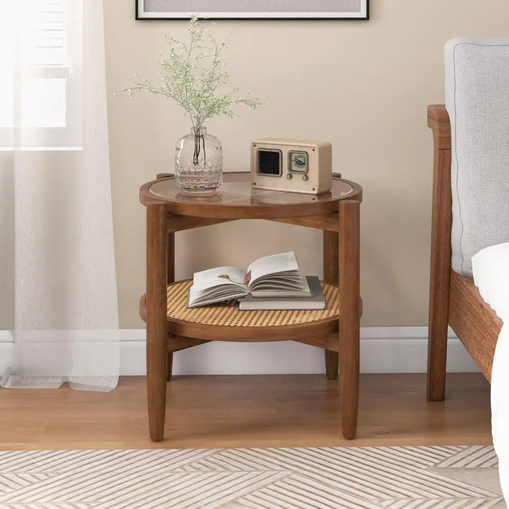 Round Rattan Side End Table with Tempered Glass Tabletop-Walnut - Walnut - End & Side Tables