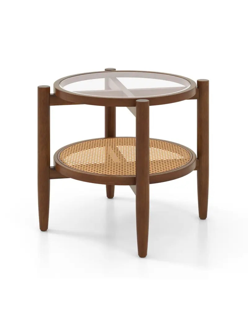 Round Rattan Side End Table with Tempered Glass Tabletop-Walnut - Walnut - End & Side Tables