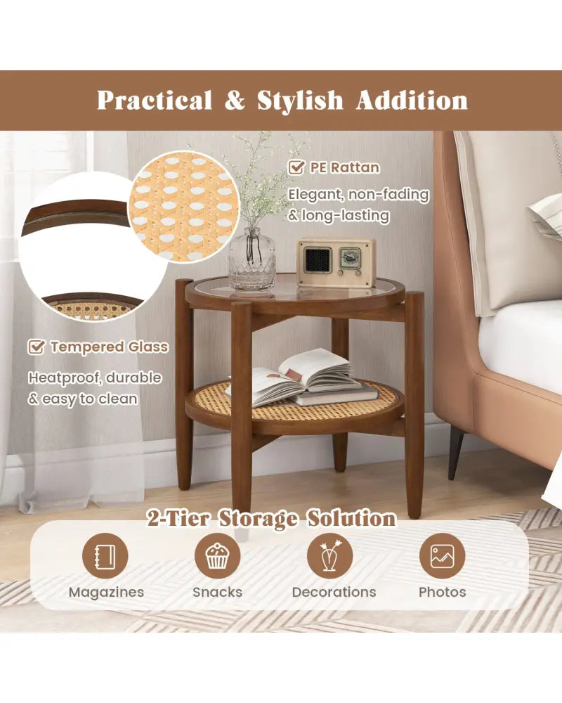 Round Rattan Side End Table with Tempered Glass Tabletop-Walnut - Walnut - End & Side Tables
