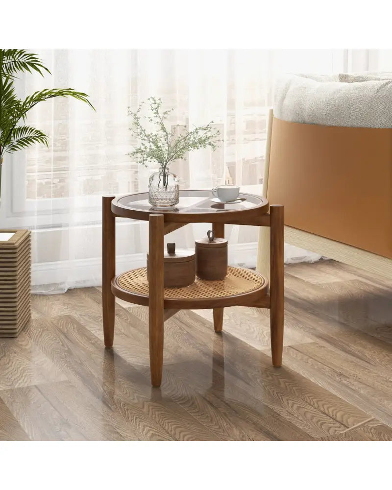 Round Rattan Side End Table with Tempered Glass Tabletop-Walnut - Walnut - End & Side Tables
