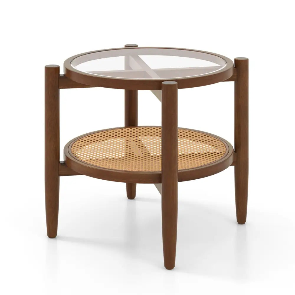 Round Rattan Side End Table with Tempered Glass Tabletop-Walnut - Walnut - End & Side Tables