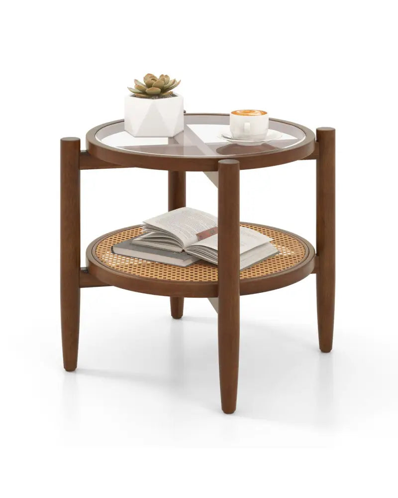 Round Rattan Side End Table with Tempered Glass Tabletop-Walnut - Walnut - End & Side Tables