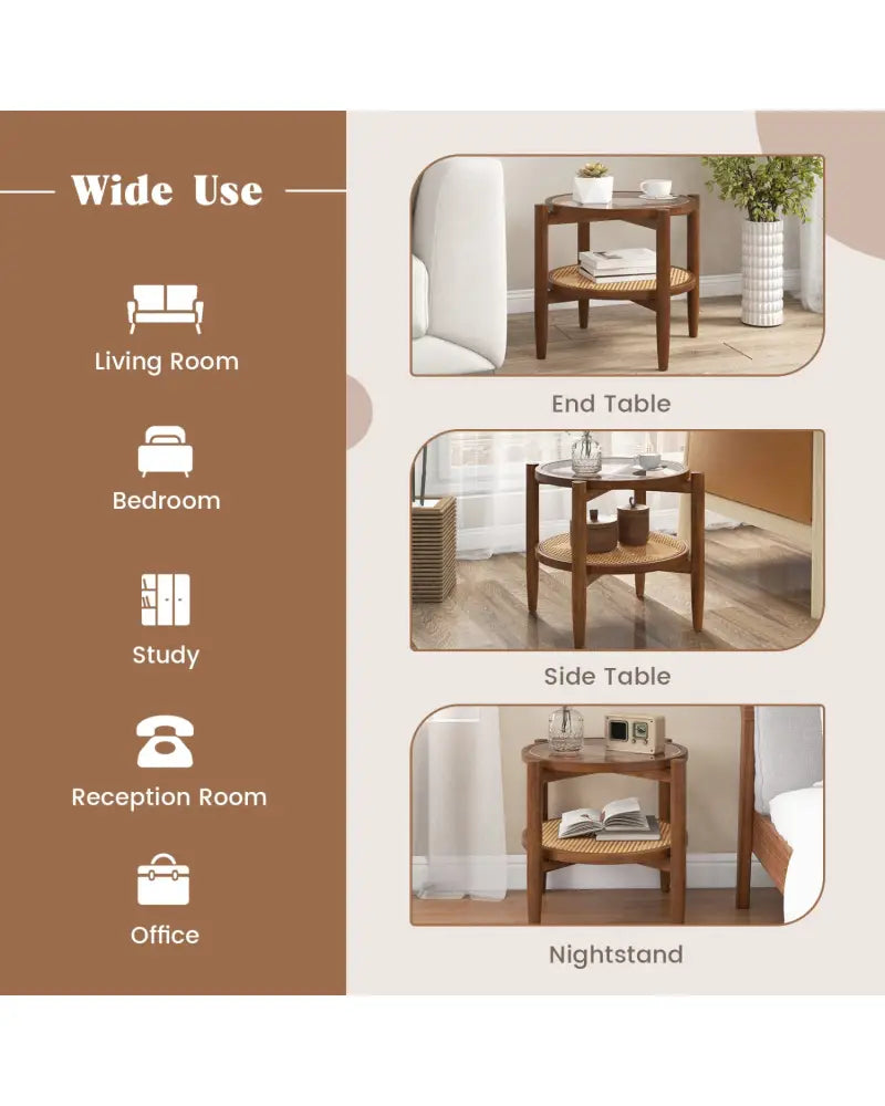 Round Rattan Side End Table with Tempered Glass Tabletop-Walnut - Walnut - End & Side Tables
