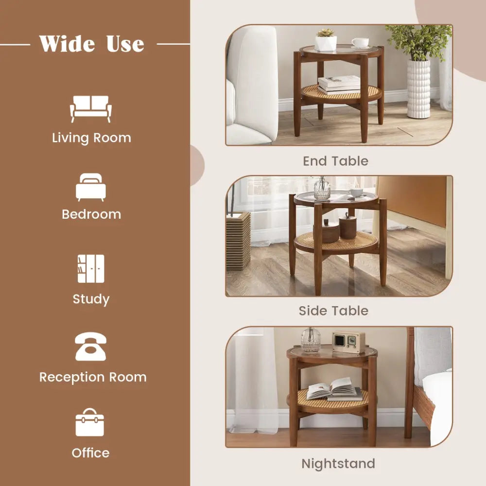Round Rattan Side End Table with Tempered Glass Tabletop-Walnut - Walnut - End & Side Tables