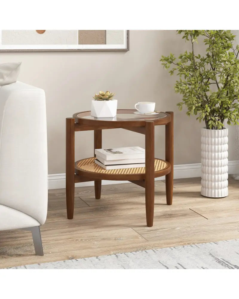 Round Rattan Side End Table with Tempered Glass Tabletop-Walnut - Walnut - End & Side Tables