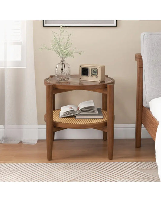 Round Rattan Side End Table with Tempered Glass Tabletop-Walnut - Walnut - End & Side Tables