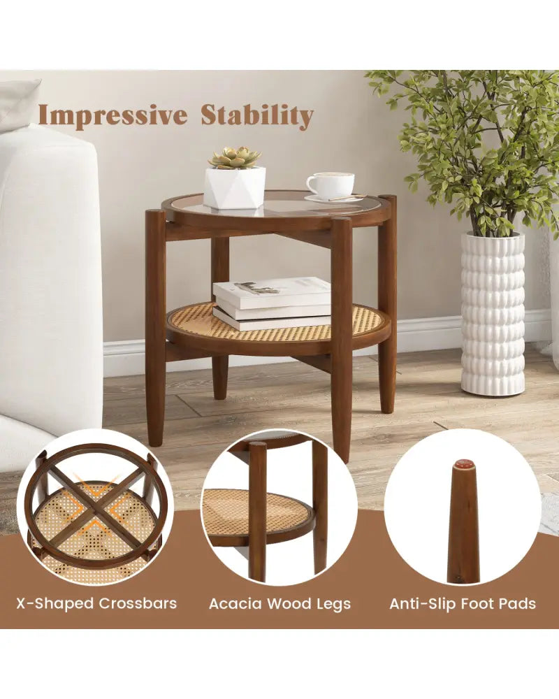 Round Rattan Side End Table with Tempered Glass Tabletop-Walnut - Walnut - End & Side Tables
