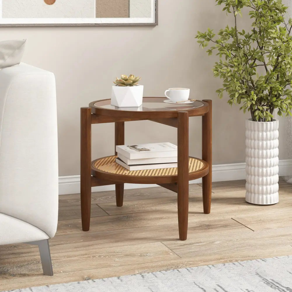Round Rattan Side End Table with Tempered Glass Tabletop-Walnut - Walnut - End & Side Tables
